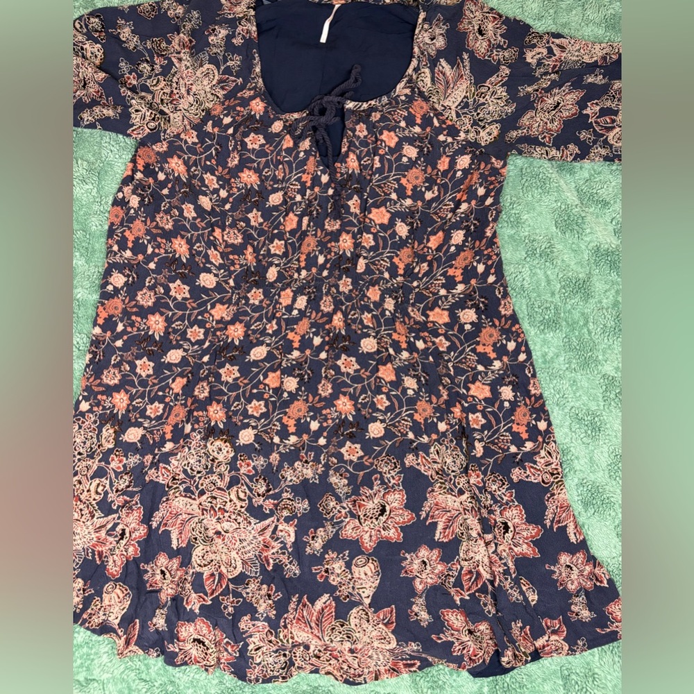 Free People Style Blue Floral Boho Tunic Top Flowy Long Sleeve - Picture 6 of 10